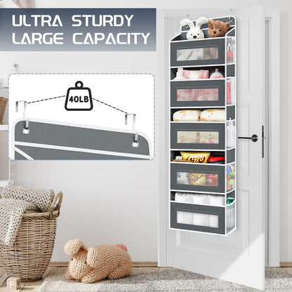 Heavy Duty Nursery Hanging Organizer Over the Door - 5 Large Tiers Storage for Diapers, Wipes & Toys - Reinforced No-Sag Bottom, 10 Clear Windows & Sturdy Hooks - Odorless Baby Room Organization