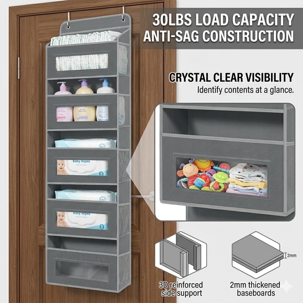 Heavy Duty Nursery Hanging Organizer Over the Door - 5 Large Tiers Storage for Diapers, Wipes & Toys - Reinforced No-Sag Bottom, 10 Clear Windows & Sturdy Hooks - Odorless Baby Room Organization