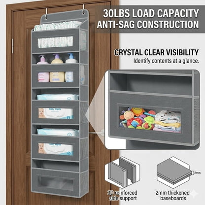Heavy Duty Nursery Hanging Organizer Over the Door - 5 Large Tiers Storage for Diapers, Wipes & Toys - Reinforced No-Sag Bottom, 10 Clear Windows & Sturdy Hooks - Odorless Baby Room Organization