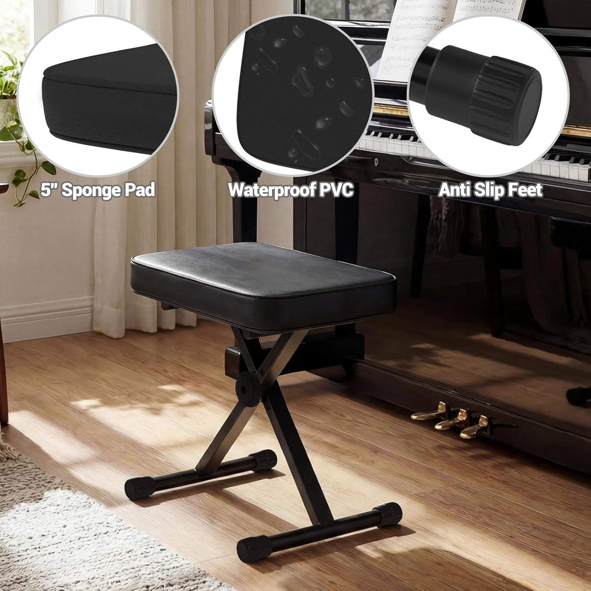 DUMOS Piano Bench, Guitar Stool, Collapsible Stool Black