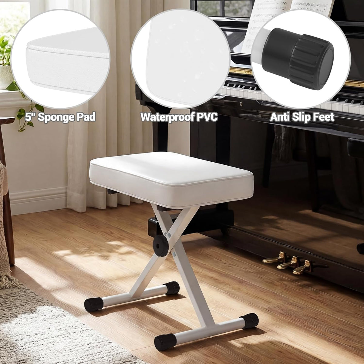 DUMOS Piano Bench, Guitar Stool, Collapsible Stool Black