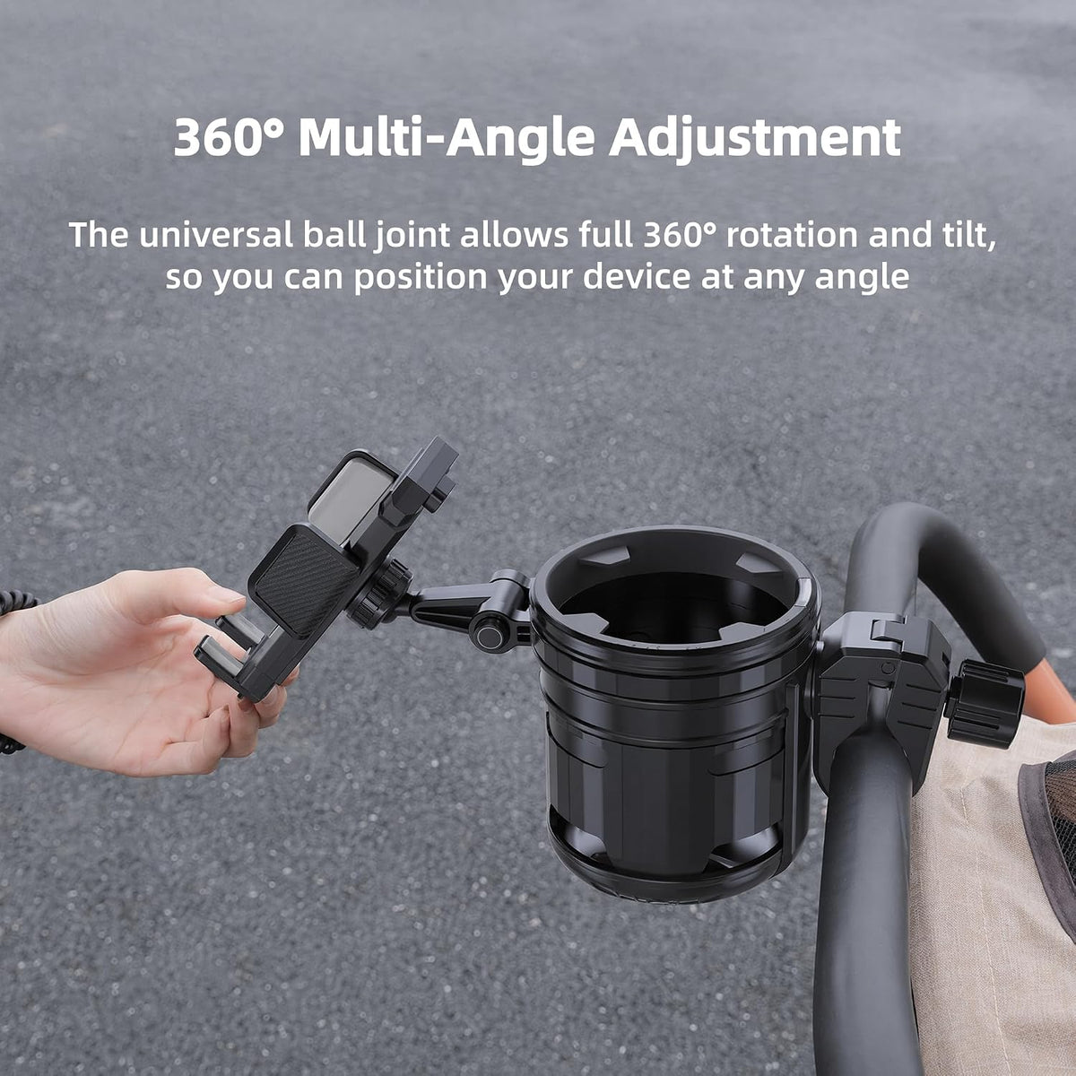 3-in-1 Stroller Cup Phone Holder Attachment, ,Cup Holder with Adjustment Phone Mount,Fit for Bike,Rollator,Stroller,Scooter,Bicycle,Black