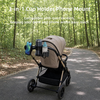 3-in-1 Stroller Cup Phone Holder Attachment, ,Cup Holder with Adjustment Phone Mount,Fit for Bike,Rollator,Stroller,Scooter,Bicycle,Black