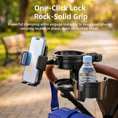 3-in-1 Stroller Cup Phone Holder Attachment, ,Cup Holder with Adjustment Phone Mount,Fit for Bike,Rollator,Stroller,Scooter,Bicycle,Black