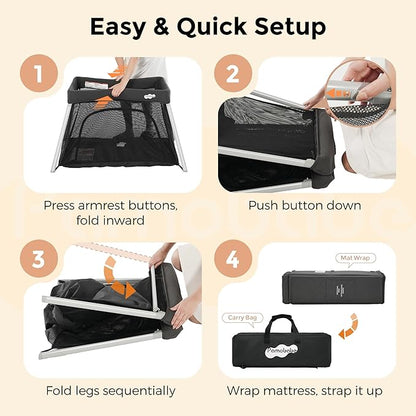 Pamo Babe Travel Crib with Bassinet, Certified Baby Safe Portable Crib, Extra Large Portable Playpen with Mattress & Zipper Door, Lightweight Foldable Pack and Play Baby Travel Bed - Grey