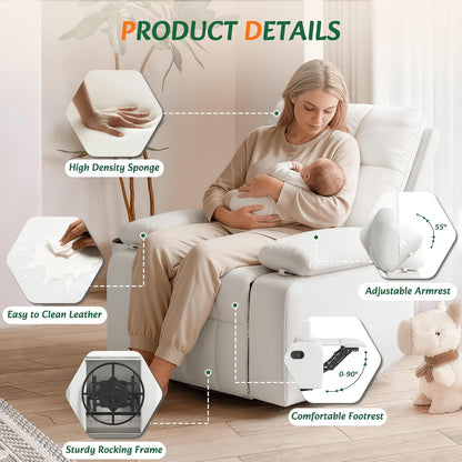 AILEEKISS Nursery Glider Recliner Rocking Chair w/Adjustable Armrests, Oversized 360° Swivel, 30° Rocker, 90°-160° Recline, White Leather Reclining Nursing Living Room Chair for Breastfeeding Bedroom