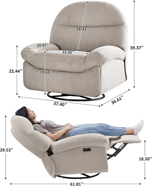 VANOMi Power Recliner Chair with USB & Type-C Charging, 270° Swivel Glider Rocker, Electric Nursery Recliner for Living Room, Bedroom, and Office, White