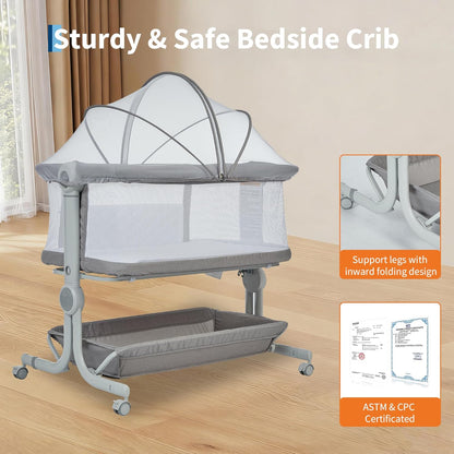 Baby Bassinet, 3-in-1 Portable Bedside Sleeper for Newborn All Mesh Sides Breathable with 6 Height Adjustments, 1-7° Anti-Reflux Incline, Detachable Mosquito Net, Storage Basket & 360° Lockable Wheels