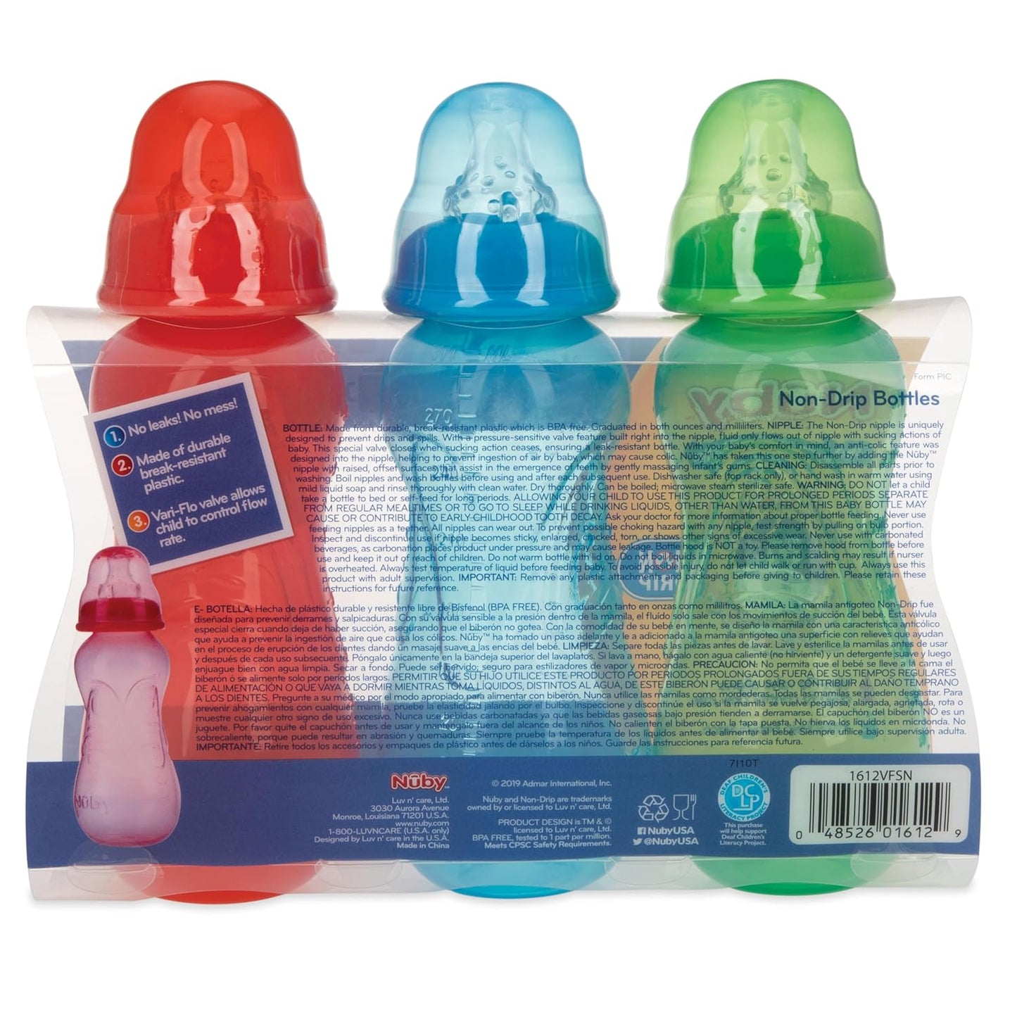 Nuby Non-Drip Standard Neck Baby Bottles - 10 oz (3 Pack) - Vari-Flo Flow Control Nipple - Anti-Colic Air System - 0+ Months