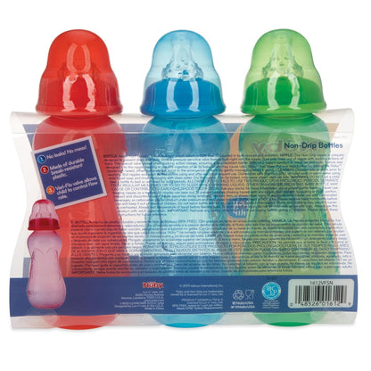 Nuby Non-Drip Standard Neck Baby Bottles - 10 oz (3 Pack) - Vari-Flo Flow Control Nipple - Anti-Colic Air System - 0+ Months