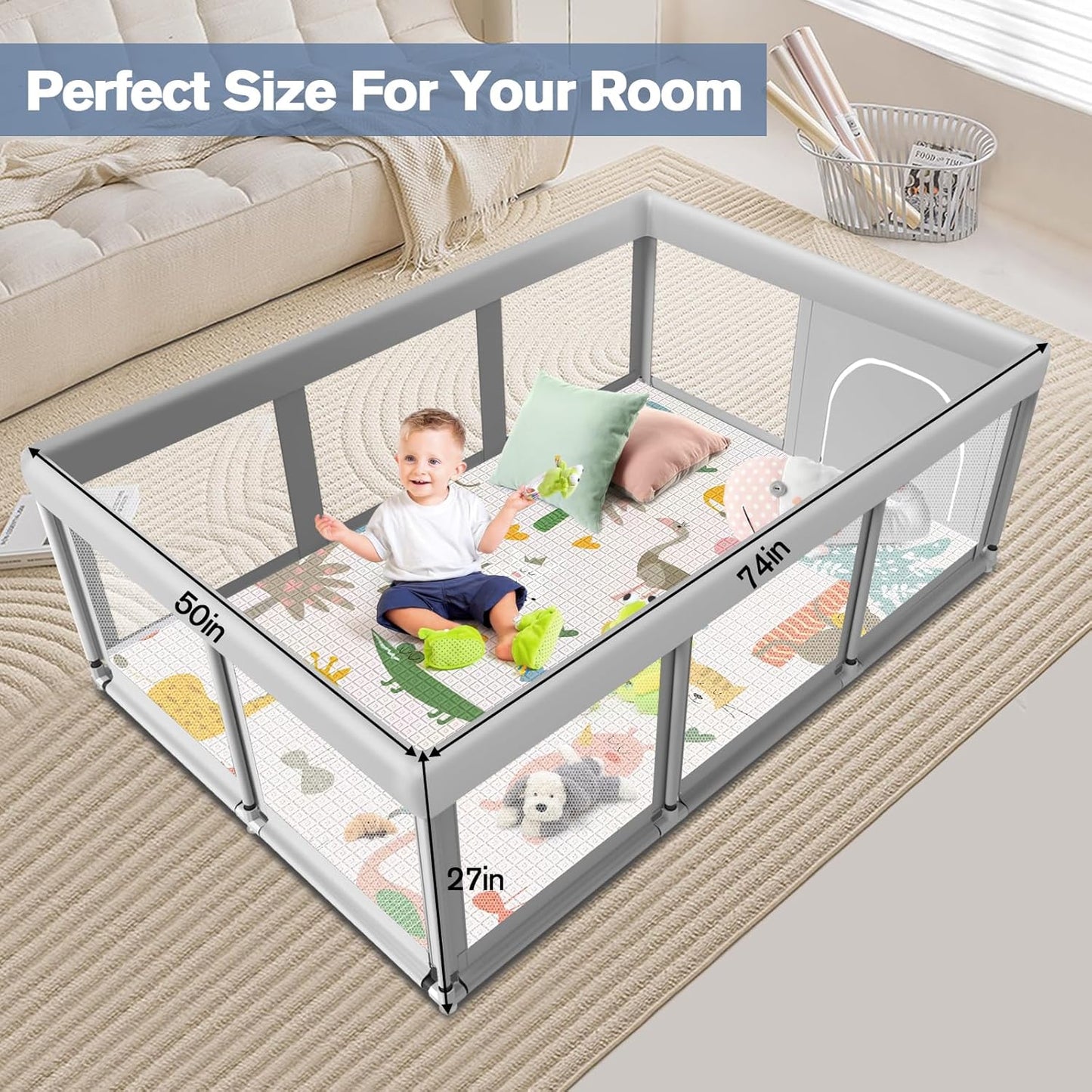Large Baby Playpen for Babies and Toddlers, Playpen 74×50, Large Baby Play Yards Indoor & Outdoor, Sturdy Safety Baby Play Pen with Soft Breathable Mesh, Toddlers Activity Center with Anti-Slip Base