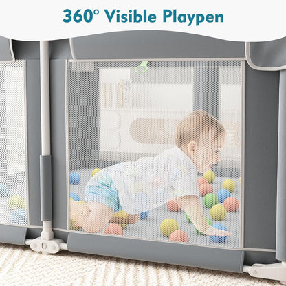 Foldable Playpen for Babies and Toddlers, 51" Portable Play Pen with Mat and Ocean Balls, Play Yard with with Visible Mesh for Inddor and Outdoor, No Assembly Required, Dark Gray
