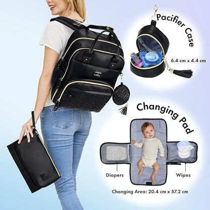 Dikaslon Leather Diaper Bag Backpack with Portable Changing Pad, Pacifier Case and Stroller Straps, Large Unisex Baby Bags for Boys Girls, Multipurpose Travel Back Pack for Moms Dads, Black