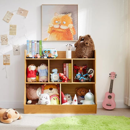 Kovhzcu Toy Storage Organizer with Bookshelf, 5-Cubby Children's Toy Shelf, Toy Storage Cabinet for Children's Room, Playroom, Hallway, Kindergarten, School (Natural)