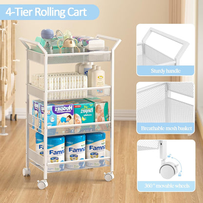 Baby Diaper Caddy Cart, 4-Tier Diaper Caddy Organizer and Storage, Rolling Utility Cart for Baby Supplies, Diaper Cart with Wheels for Bedroom, Nursery, Changing Table, White