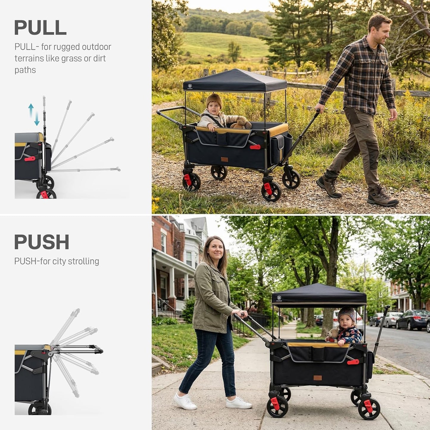 EVER ADVANCED Wagon Stroller for 2 Kids, Compact One-Step Fold Stroller Wagon with Adjustable Push/Pull Handles, Folding Wagon for Travel, Park & Beach, Includes Removable UV Canopy, Blue