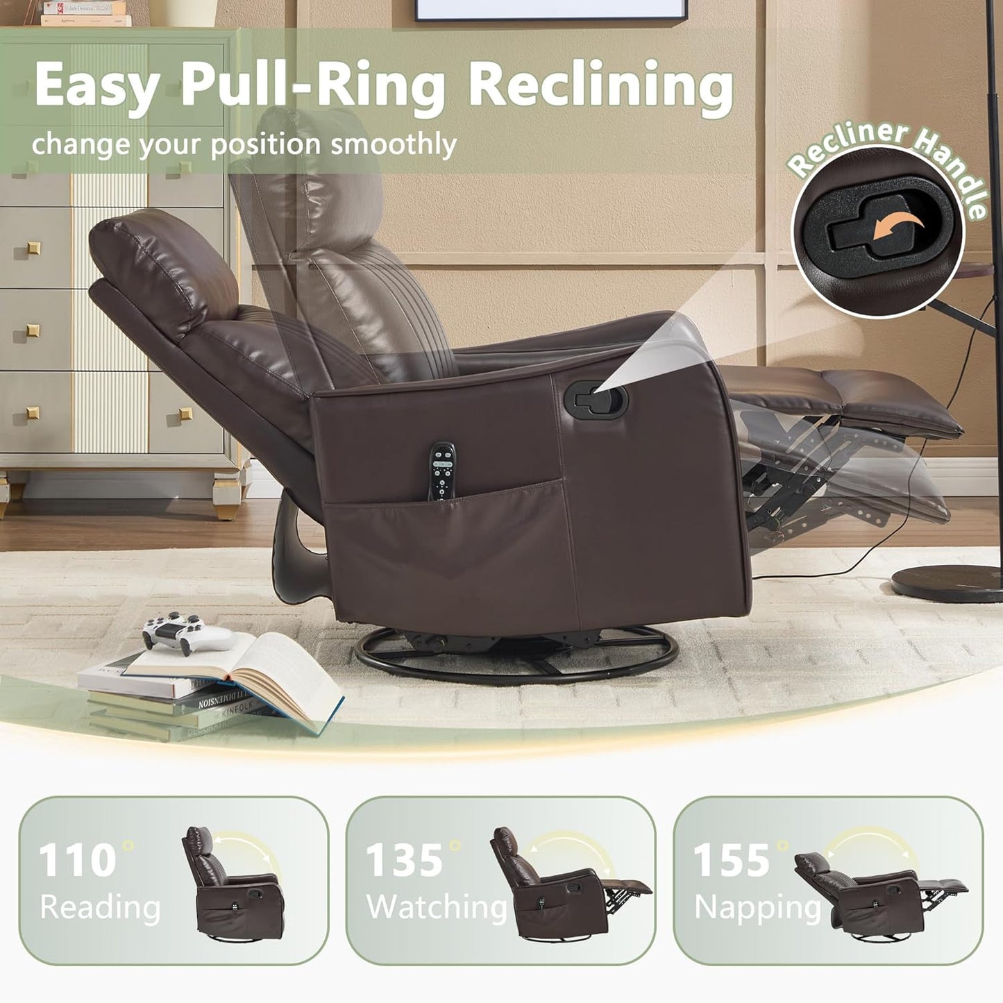 cinkehome Swivel Rocker Recliner, Glider Rocker Recliner Chair for Nursery, Manual Reclining Chair with Heated Massage, Small Spaces, Living Room, Khaki Chenille