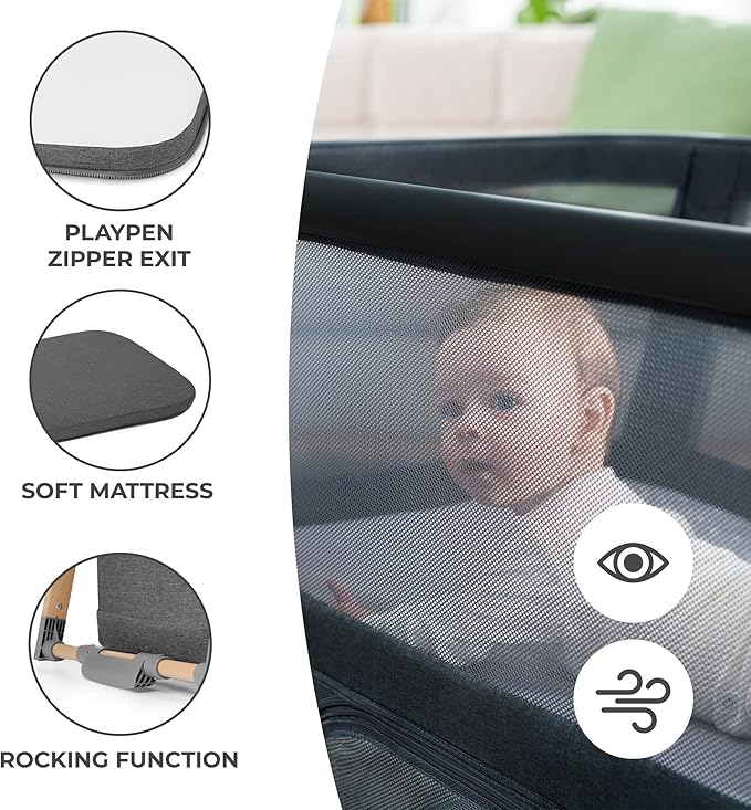 Kinderkraft Sofi Portable Travel Crib for Baby, Convertible Sleeping Cot 4 in 1 with Easy to Pack Playpen, Comfortable Bassinet Mattress and an Additional Cradle Function
