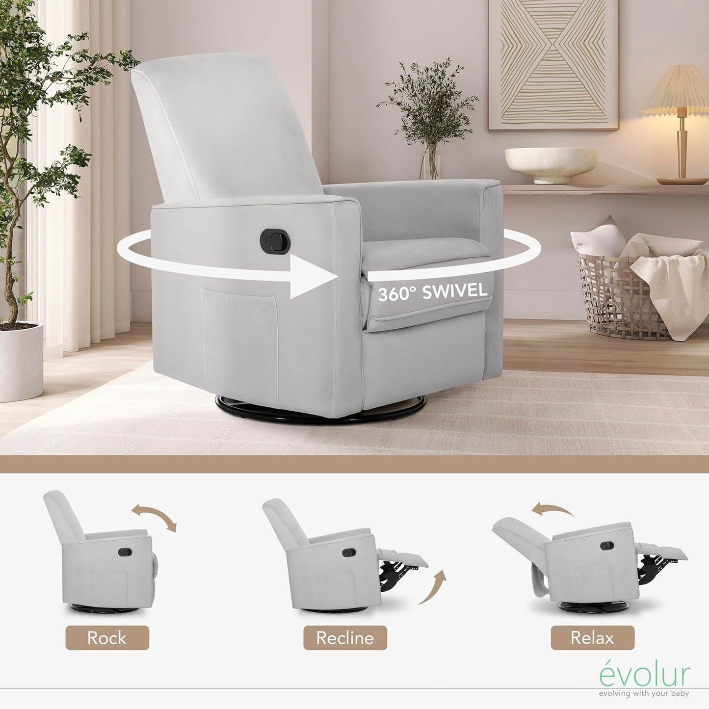 Evolur Raleigh Upholstered Manual Glider Recliner– Rocking & 360° Swivel with Smooth Glide – Greenguard Gold & FSC Certified – Modern Nursery and Living Room Chair in Light Sand