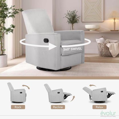 Evolur Raleigh Upholstered Manual Glider Recliner– Rocking & 360° Swivel with Smooth Glide – Greenguard Gold & FSC Certified – Modern Nursery and Living Room Chair in Light Sand