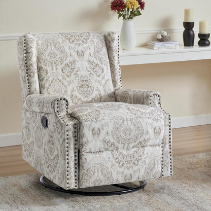 UIXE Swivel Glider Recliner Chair for Adults, High Back Nursery Rocker Floral Upholstered Armchair for Living Room, Manual Reclining Rivet Trim Sofa Lounge with Deep Seat in Fabric - Navy Blue