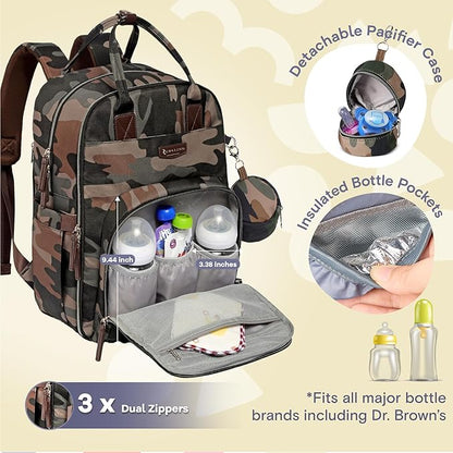 RUVALINO Diaper Bag Backpack, Multifunction Travel Back Pack Maternity Baby Changing Bags, Large Capacity, Waterproof and Stylish, Green Camo