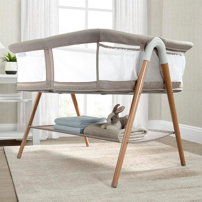 Delta Children Bondi Adjustable Height Bedside Beechwood Bassinet with PureAir Mesh Sheet and FSC-Certified Wood, Tan