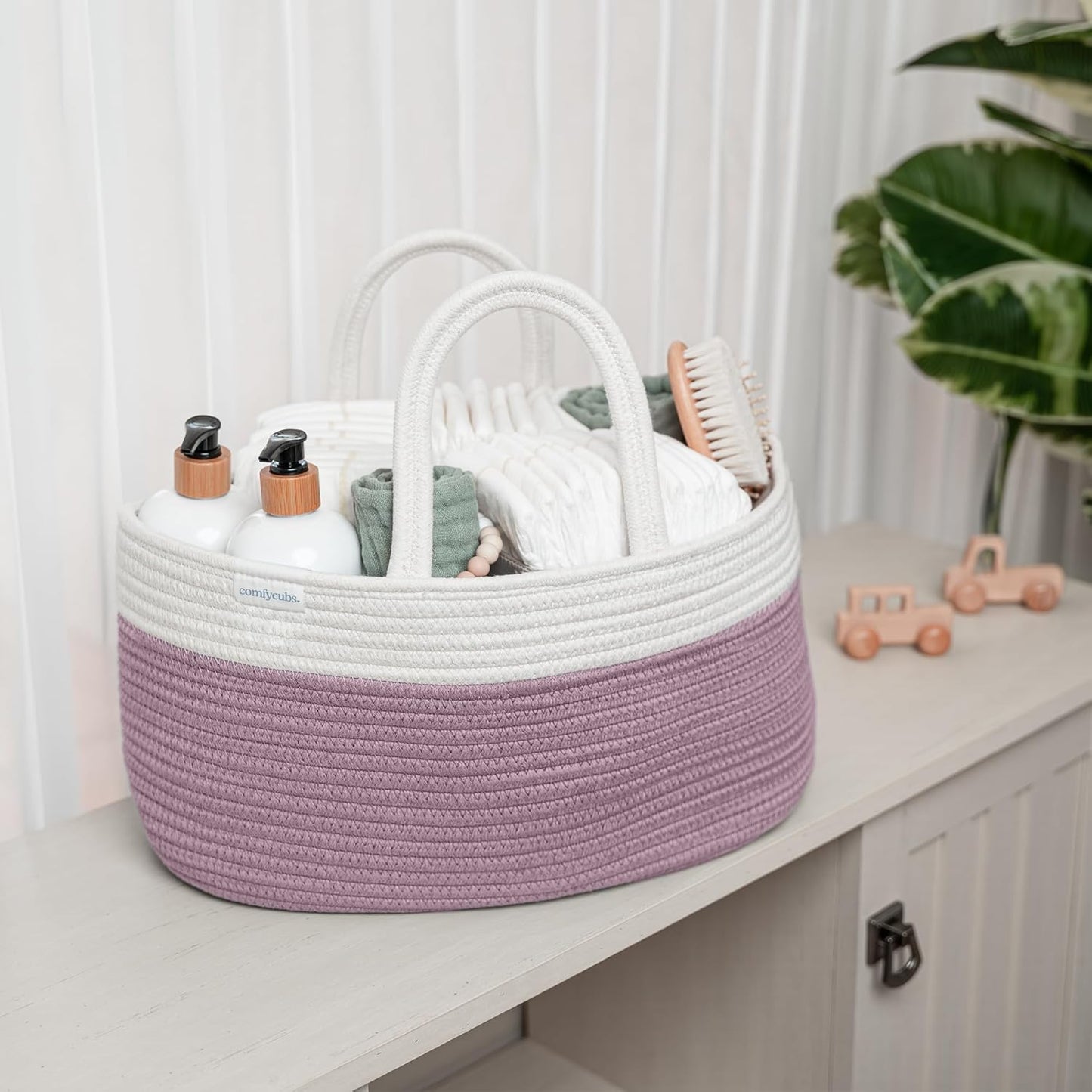 Comfy Cubs Rope Diaper Caddy Organizer 8.5" x 15" x 8" - Large Baby Diaper Basket with 3 Spacious Compartments - Stylish Cotton Baby Caddy Organizer for Diapers, Wipes & Essentials - Pacific Blue