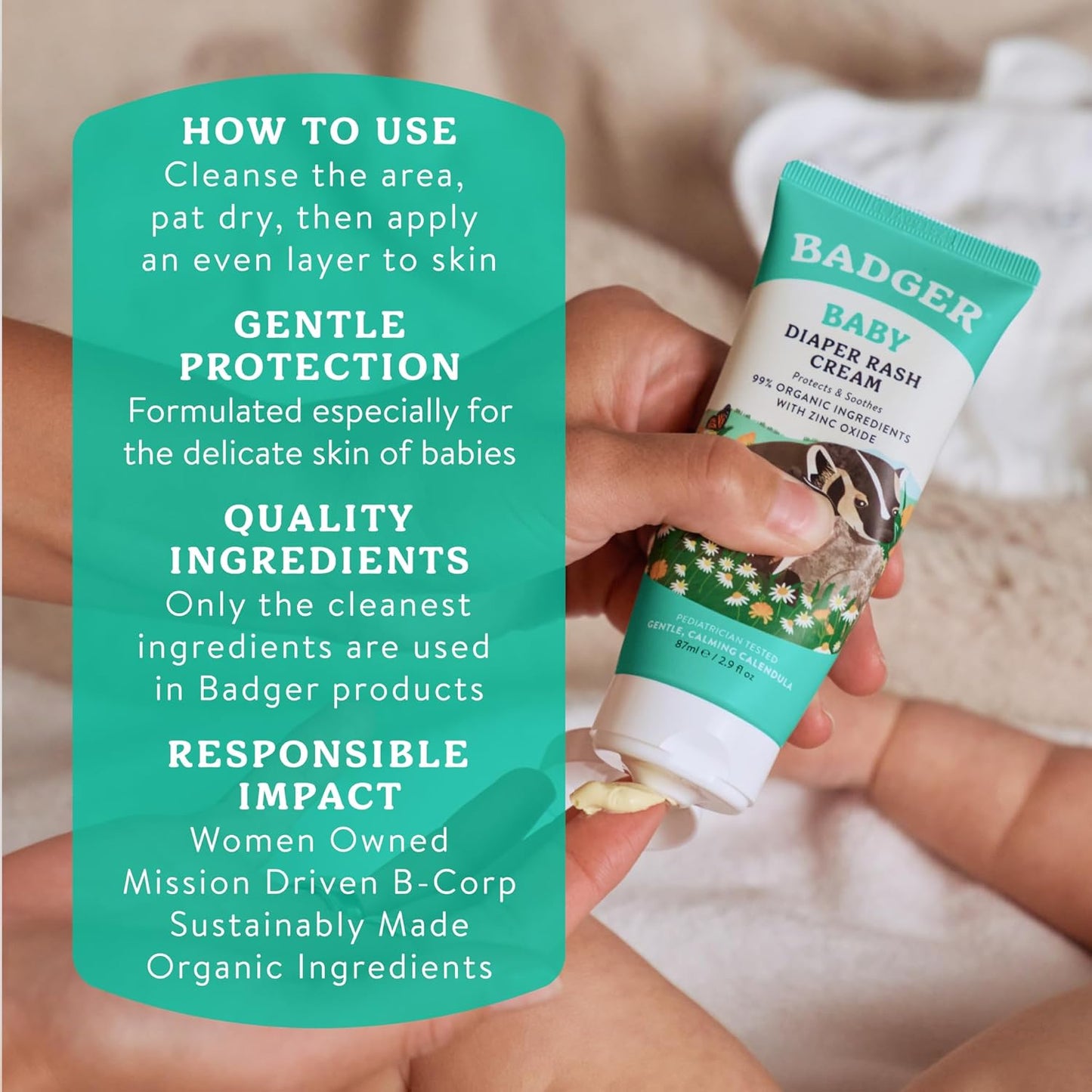 Badger Baby Diaper Rash Cream, Zinc Oxide Diaper Cream for Babies, Natural Skin Barrier Cream with Organic Sunflower Oil & Beeswax, 2.9 fl oz, 2-Pack