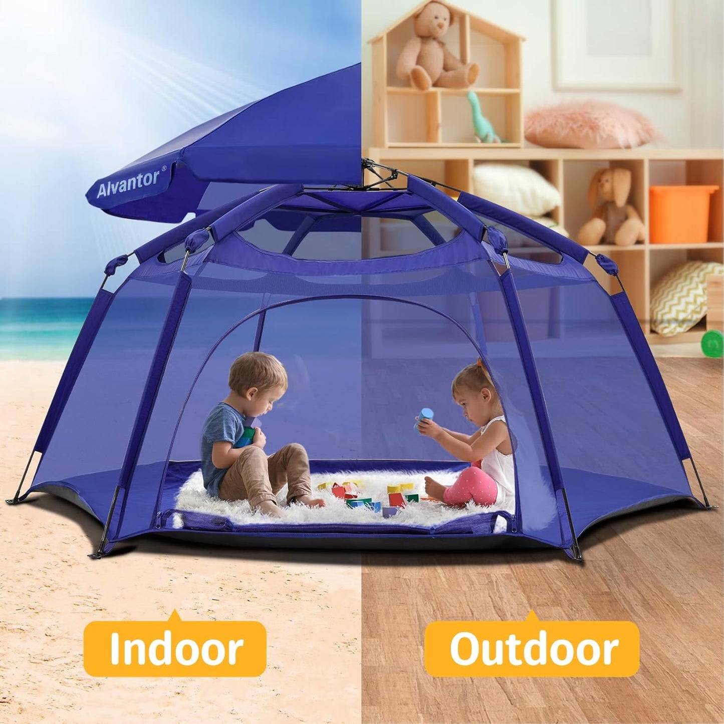 Alvantor® Baby Playpen Pop Up Play Yard 84"x84"x44”Large Mesh Kids Toddler Play Pen Indoor & Outdoor Safe Space Foldable Lightweight Mosquito Playpen Canopy for Infants Toddlers Pets, Navy