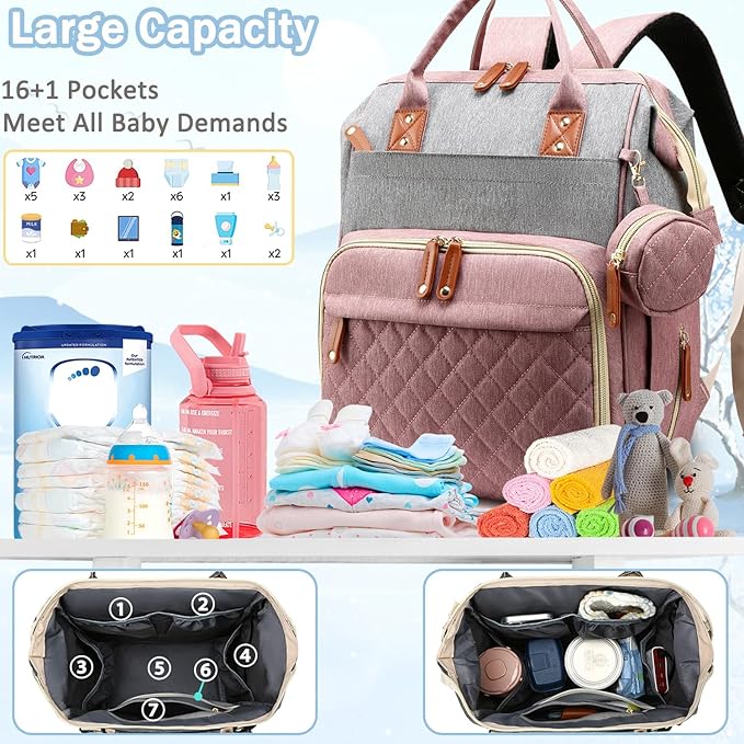 SHITIESHOU Diaper Bag Backpack Baby Bag, Baby Girl Boy Diaper Bag for Dad Mom with Pad, 16 Pockets, Pacifier Case, Large Diaper Bags Unisex for Travel(Pink Grey)