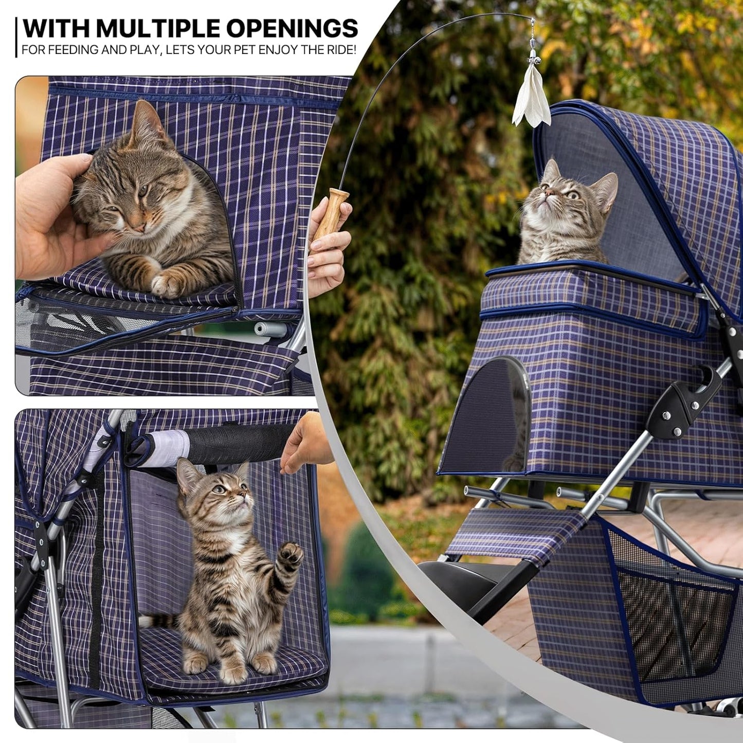 MoNiBloom Foldable Pet Stroller with Weather Cover, 3 Wheels Pet Strolling Cart for Small/Medium Dogs and Cats with Storage Basket and Cup Holder, Breathable and Visible Mesh for All-Season, Black