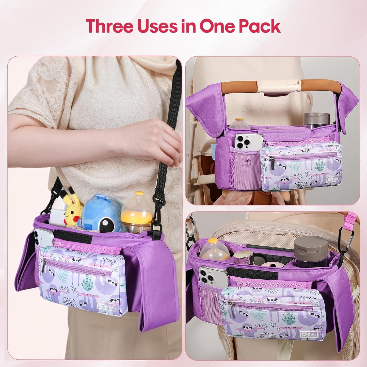 Universal Stroller Organizer with Insulated Cup Holders and Detachable Phone Bag,Stroller Caddy Fits for Stroller Accessories like Uppababy, Baby Jogger, Doona, Nuna Stroller (Green Square grid)