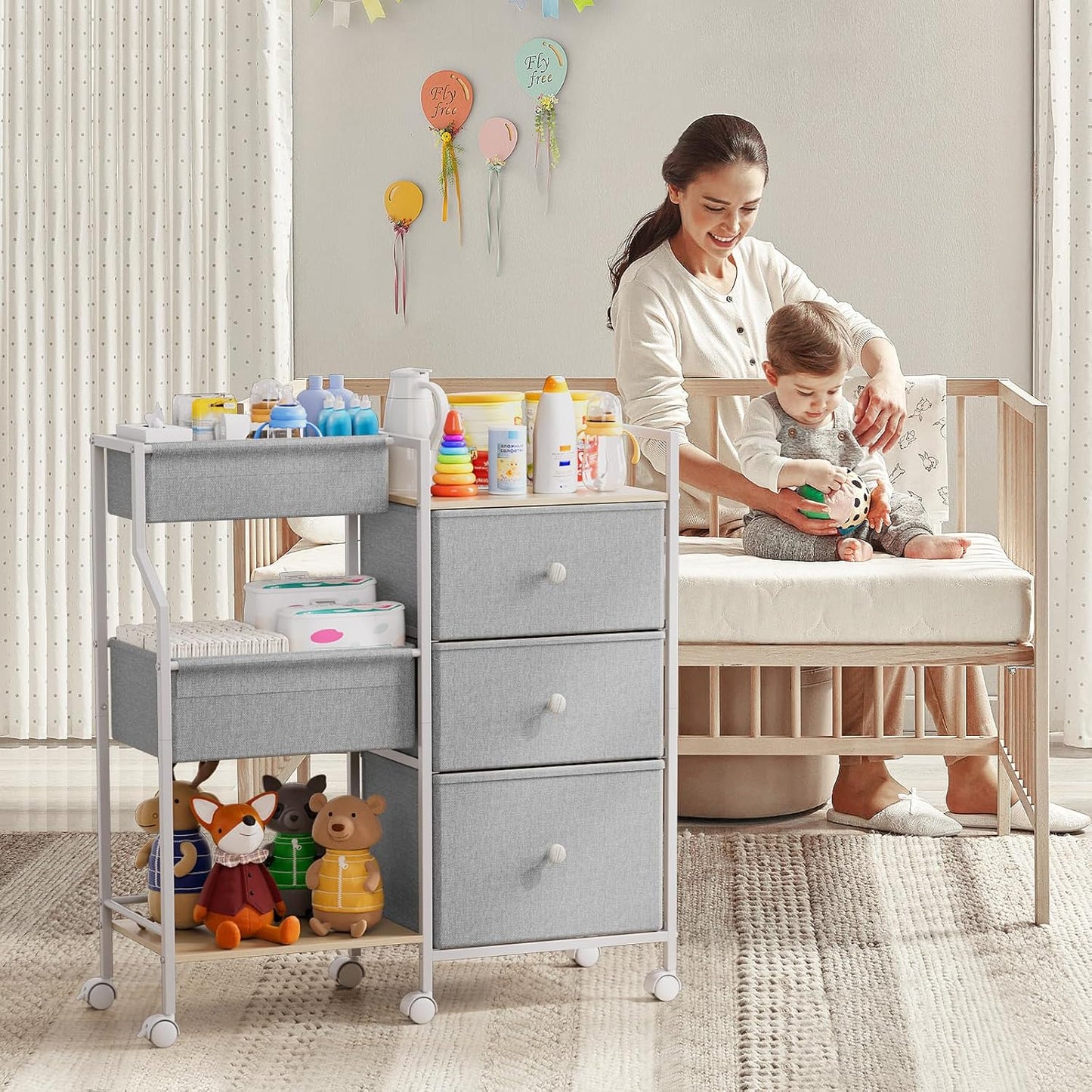 Modanais Baby Diaper Caddy Organizer Cart - 3 Tier Rolling Cart with Dividers and Drawers, Easy To Assemble, Mobile Utility Cart with Wheels for Nursery, Bedroom, Changing Table & Crib