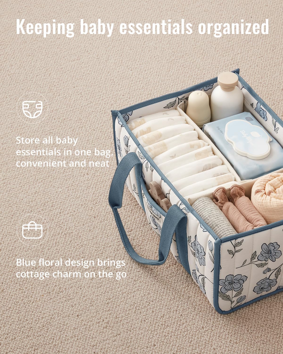 Blissful Diary Floral Diaper Caddy Organizer, Stylish Nursery Storage Basket, Gift for Baby Shower, Newborn Essentials, Floral Beige