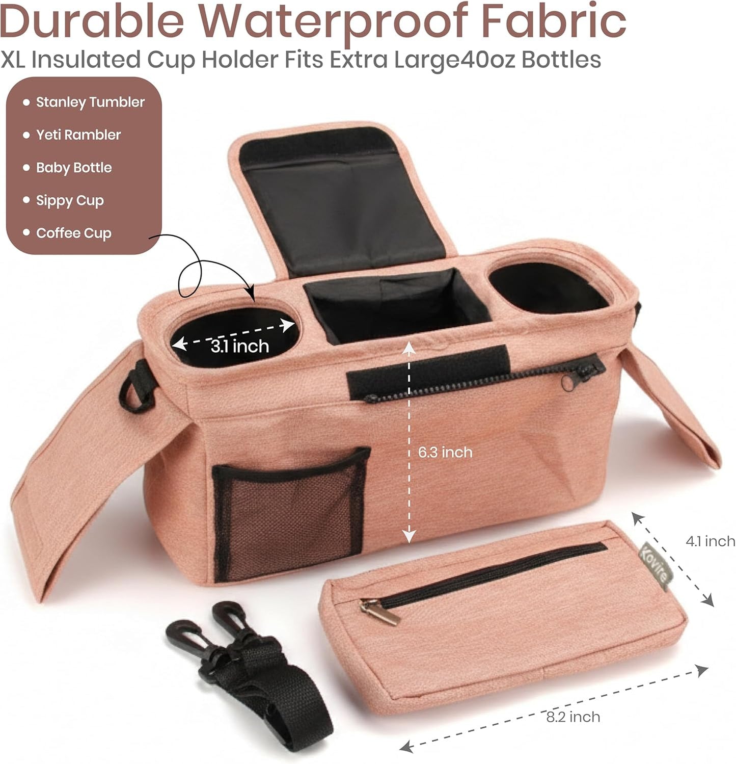 Black Universal Stroller Organizer with 2 Insulated Cup Holders, 3-in-1 Stroller Caddy with Detachable Phone Bag & Non-Slip Shoulder Strap, Fits Uppababy, Nuna, Doona, Baby Essentials