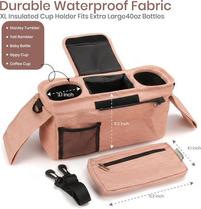 Black Universal Stroller Organizer with 2 Insulated Cup Holders, 3-in-1 Stroller Caddy with Detachable Phone Bag & Non-Slip Shoulder Strap, Fits Uppababy, Nuna, Doona, Baby Essentials