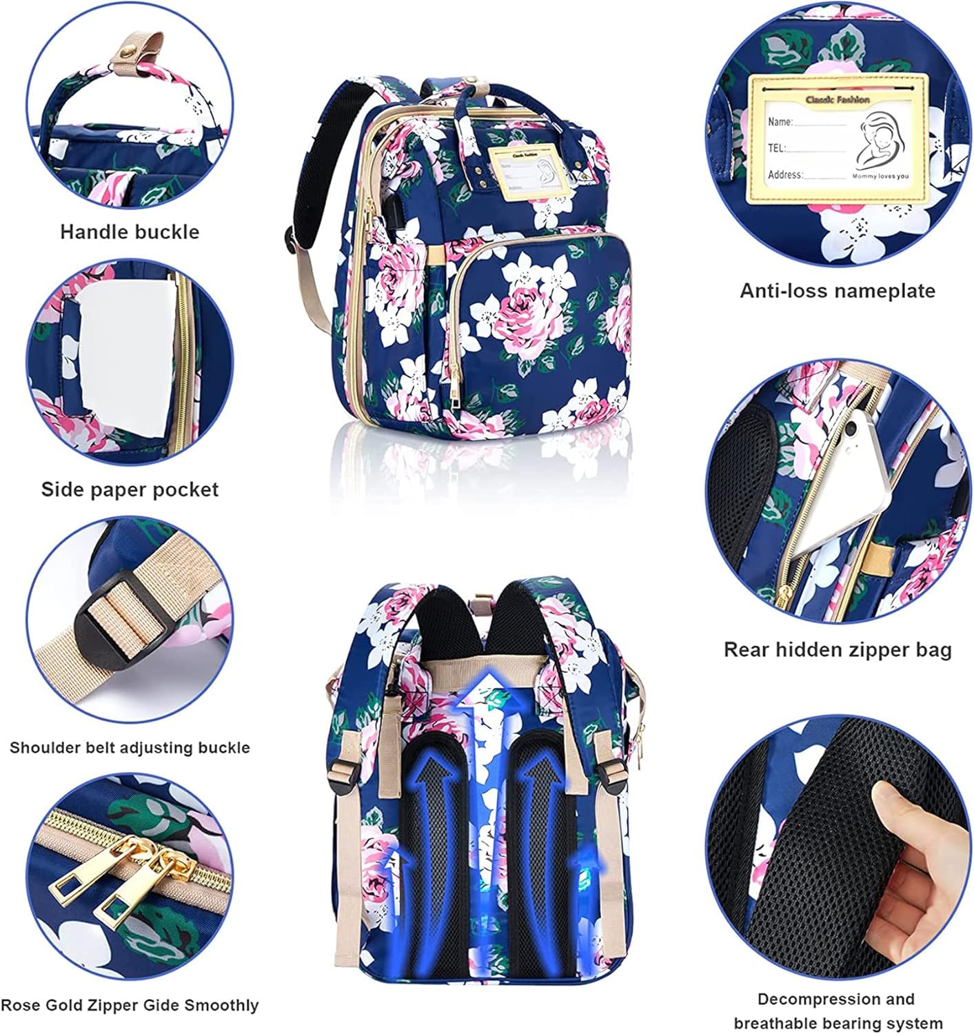 GurZinn Diaper Bag Backpack with Changing Station, Foldable for Bady Toddler, 3 in 1 Large Capacity Newborn Essentials Organizer with Stroller Hook for Girls and Boys（Pink）