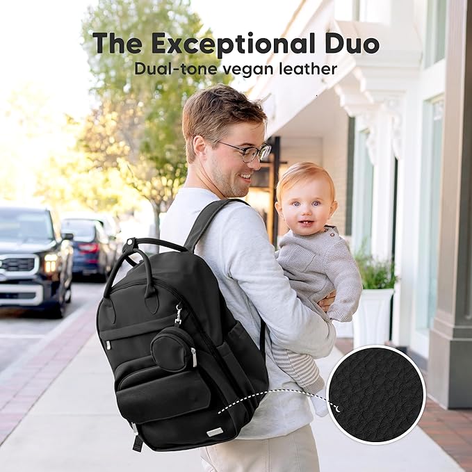 KeaBabies Diaper Bag Backpack - Multifunctional Travel Diaper Back Packs, Maternity Baby Changing Bags, Compact 18L Capacity, PU Leather, Waterproof, Unisex, Nappy Changing Pad (Trendy Black)