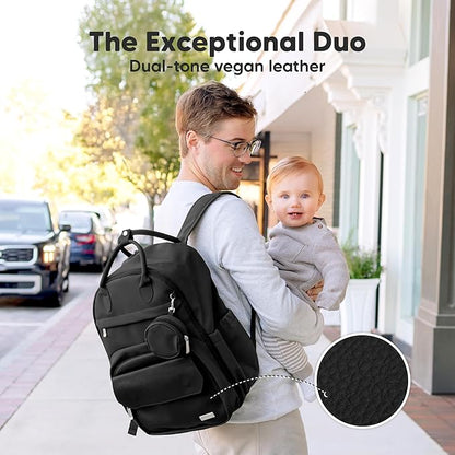 KeaBabies Diaper Bag Backpack - Multifunctional Travel Diaper Back Packs, Maternity Baby Changing Bags, Compact 18L Capacity, PU Leather, Waterproof, Unisex, Nappy Changing Pad (Trendy Black)
