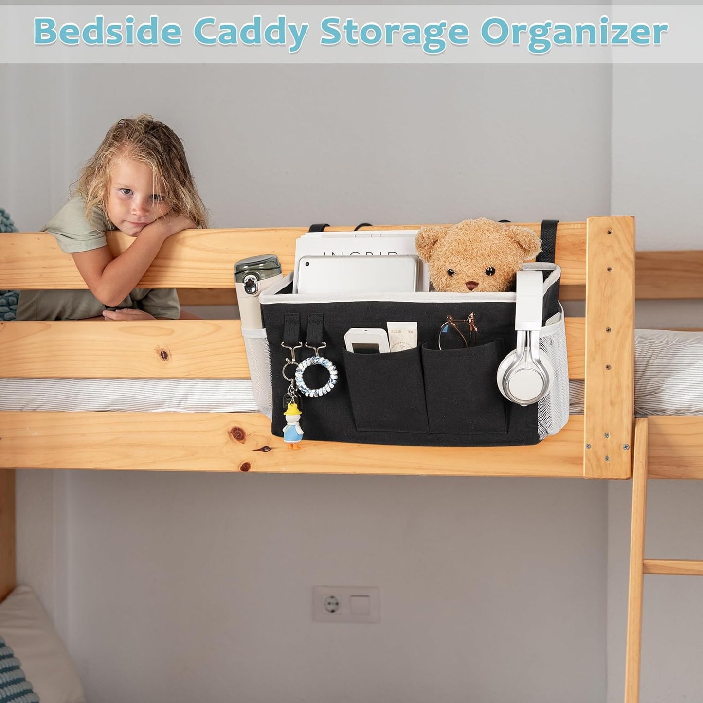 Loghot Bedside Caddy/Bedside Storage Bag Hanging Organizer for Bunk and Hospital Beds,Dorm Rooms Bed Rails,Can be Placed Glasses,Books,Mobile Phones,Keys (White)