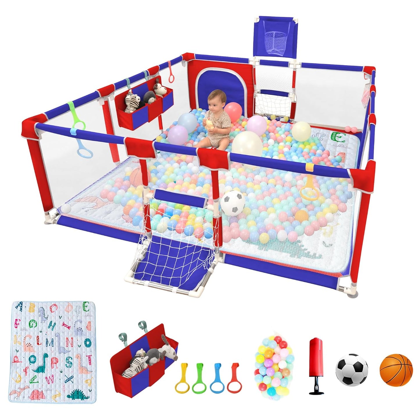 Playpen for Babies and Toddlers,73"x71"Baby Playpen with Mat Indoor＆Outdoor with Breathable Play Pen with Ocean Balls Hanging Pocket Basketball Hoop and Football Goal (Grey with Mat, 73"x71")