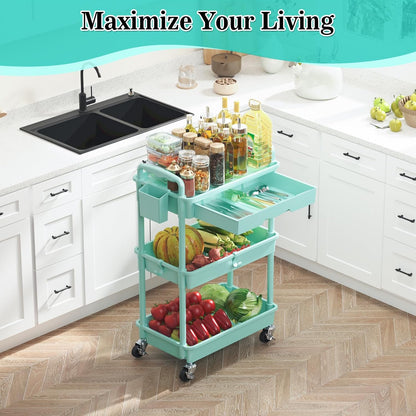 SUNALLY 3 Tier Rolling Cart with Drawer, Bathroom Storage Organizer with 2 Lockable Wheels, Multifunctional Rolling Storage Cart for Bathroom, Kitchen, Office, Craft, Makeup, Baby Essentials, White