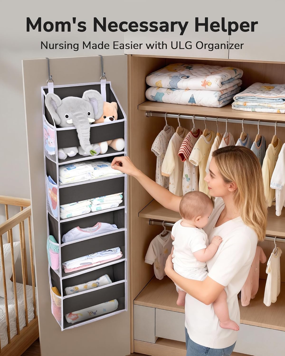 ULG 1 Pack Over Door Organizer with 5 Large and 10 Mesh Side Pockets, 44 lbs Weight Capacity Hanging Storage with Clear Window Kids Toys, Shoes, Diapers, Dark Grey, 5 Layers