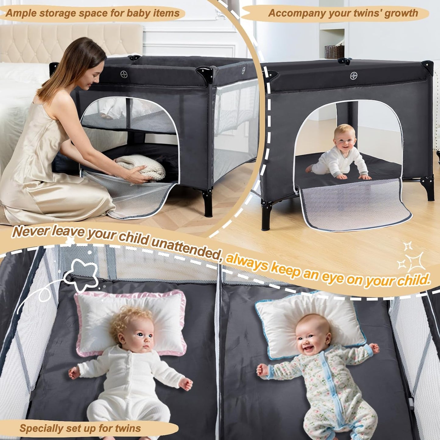 Twin Bassinet - 3 in 1 Twin Bassinets for 2 Babies with Hanging Toys & Storage Basket, Portable Pack and Play Foldable Bedside Sleeper with Carry Bag, Grey