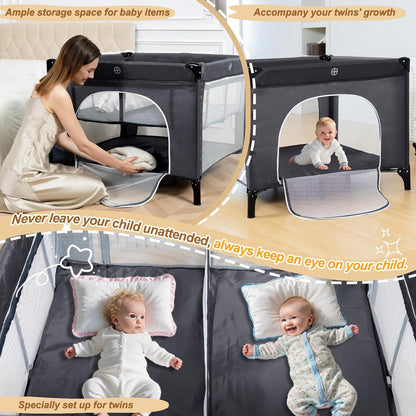 Twin Bassinet - 3 in 1 Twin Bassinets for 2 Babies with Hanging Toys & Storage Basket, Portable Pack and Play Foldable Bedside Sleeper with Carry Bag, Grey