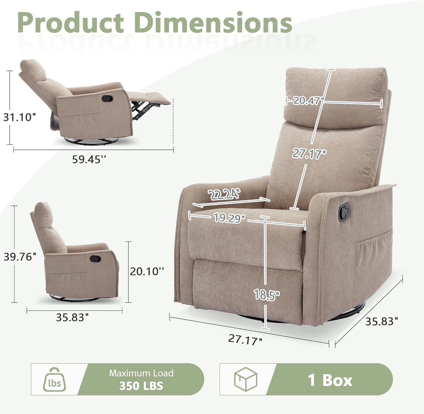 cinkehome Swivel Rocker Recliner, Glider Rocker Recliner Chair for Nursery, Manual Reclining Chair with Heated Massage, Small Spaces, Living Room, Khaki Chenille