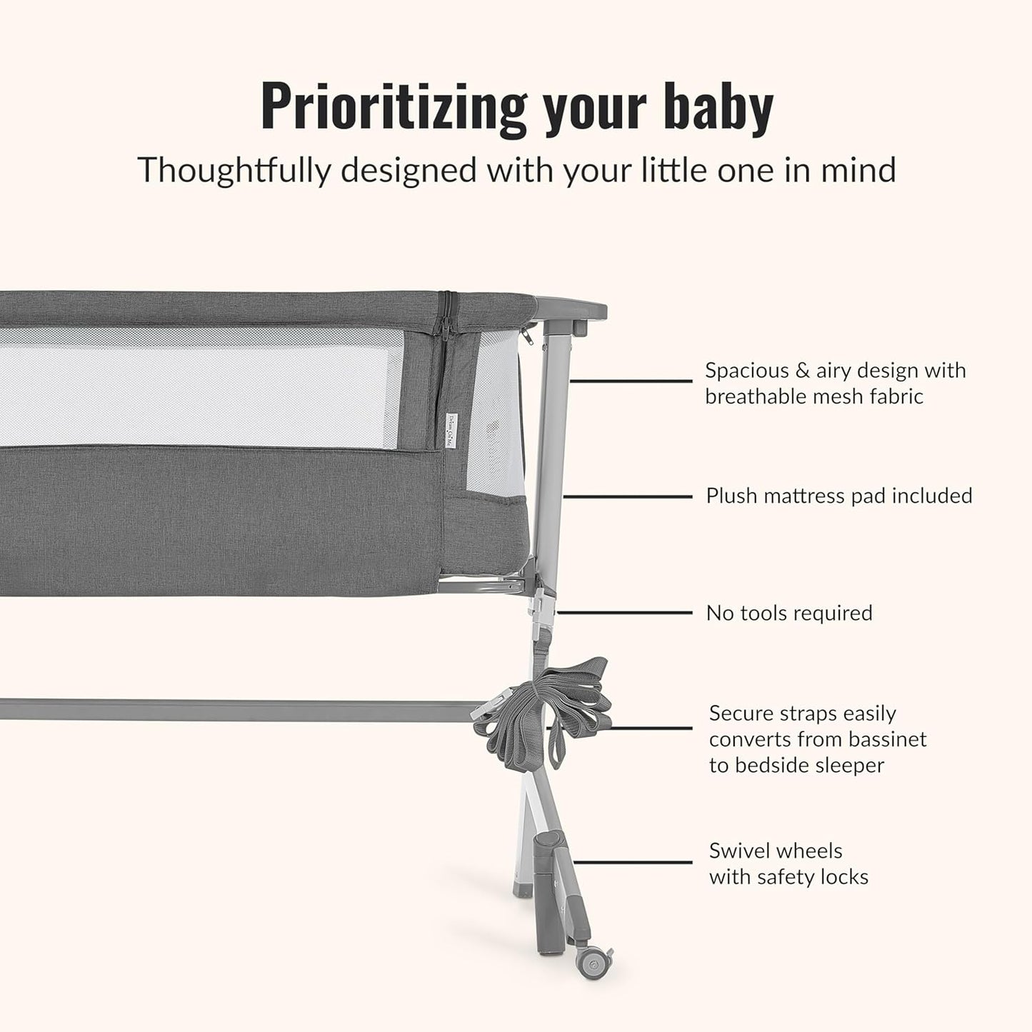 Dream On Me Skylar Bassinet and Bedside Sleeper, Adjustable Heights, Breathable Mesh Sides, Plush Mattress Pad, Wheels with Safety Locks & Tool-Free Assembly, Compact Fold & Travel Bag - Pink