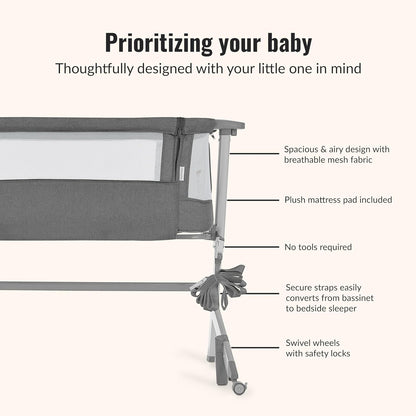 Dream On Me Skylar Bassinet and Bedside Sleeper, Adjustable Heights, Breathable Mesh Sides, Plush Mattress Pad, Wheels with Safety Locks & Tool-Free Assembly, Compact Fold & Travel Bag - Pink