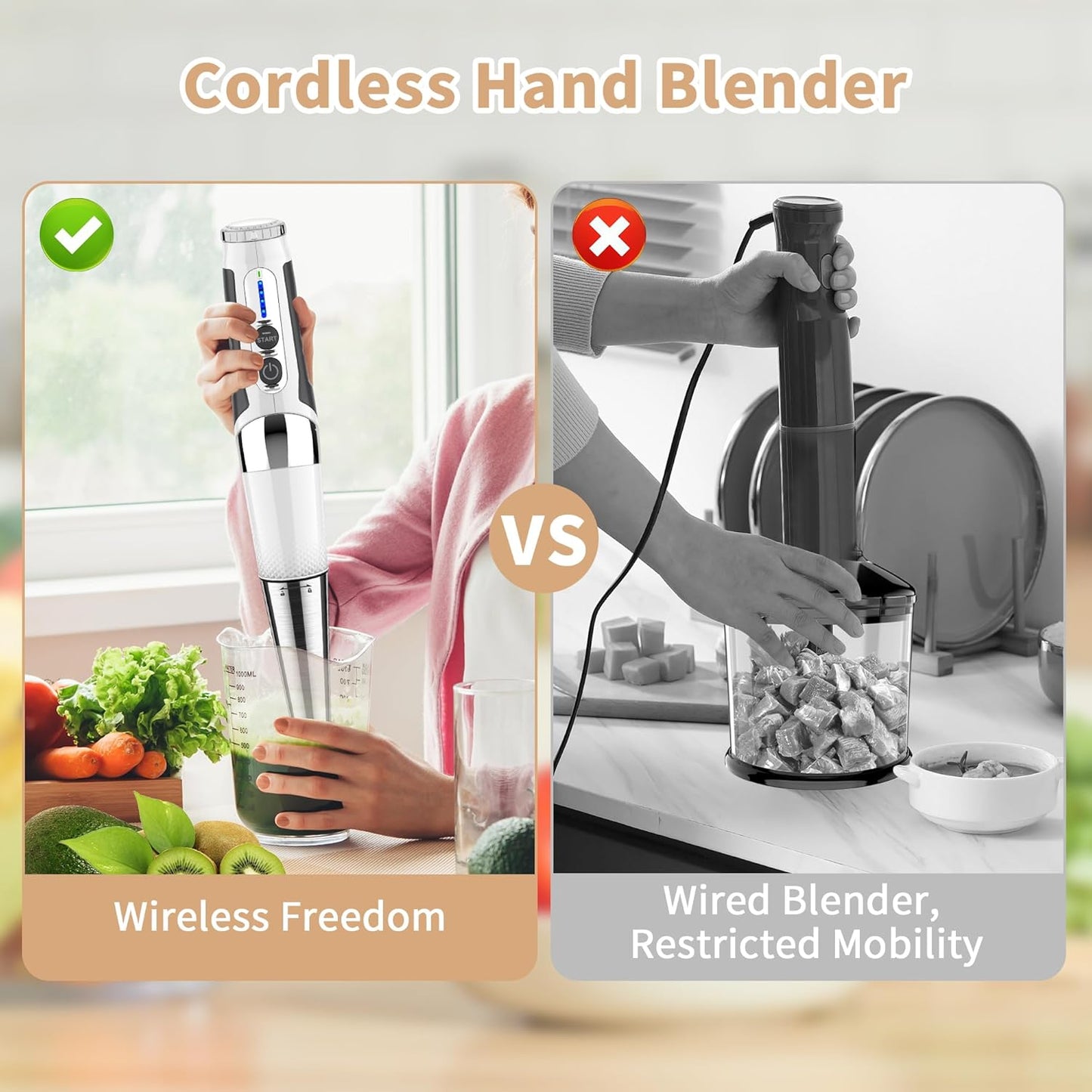 Toogel Cordless Immersion Blender, Electric Hand Blender with 21-Speed & 3-Angle Adjust, USB Rechargeable, BPA-Free & Dishwasher Safe for Baby Food, Smoothies, Soup (Grey)